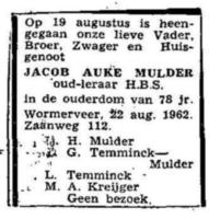 002864 Familieadvertenties Overlijden Wormerveer, 19-8-1962.jpg